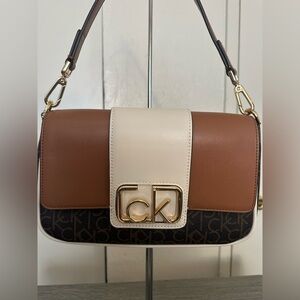 Calvin Klein Tan, Cream, and Black Shoulder Bag